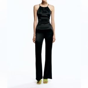 Zara black flared satin effect jumpsuit size Small